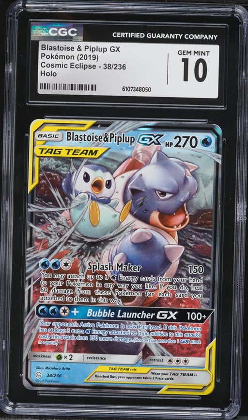 2019 Pokemon Sun & Moon Cosmic Eclipse Blastoise & Piplup GX #38 CGC 10 GEM MINT