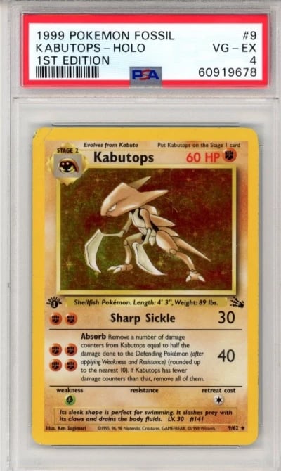 1 ST EDITION 1999 VINTAGE POKEMON Kabutops 9/62 Fossil Holo PSA 4