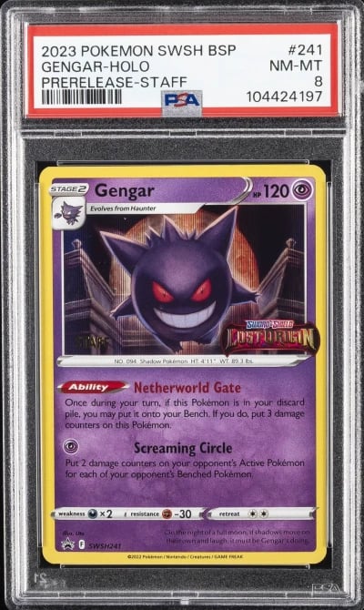 2023 POKEMON SWSH BLACK STAR PROMO PRERELEASE-STAFF #241 GENGAR-HOLO PSA 8