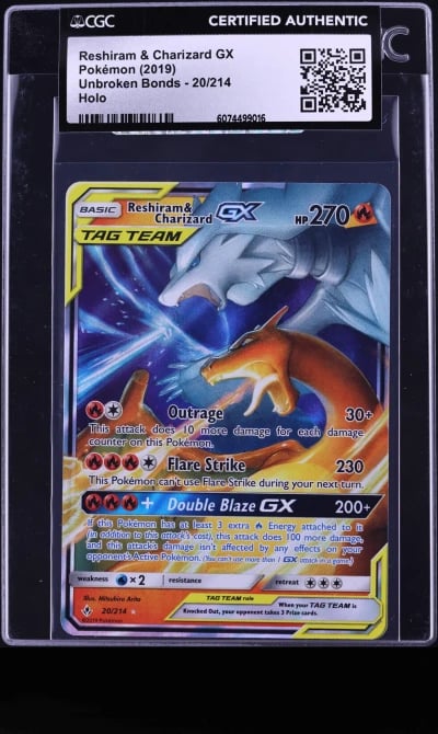 2018 Pokemon Sun & Moon Unbroken Bonds Reshiram & Charizard GX #20 CGC AUTH