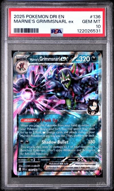 2025 POKEMON DRI EN-DESTINED RIVALS #136 MARNIE'S GRIMMSNARL EX PSA 10