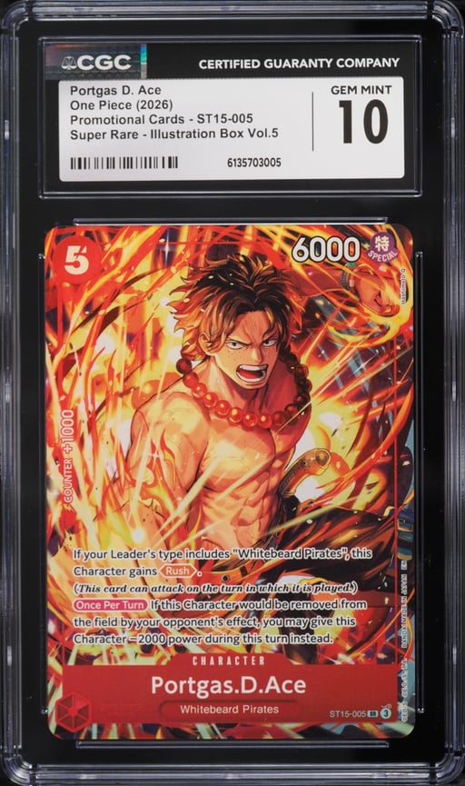 2026 One Piece Promo Illustration Box Vol. 5 SR Alt Art Portgas D. Ace #ST15-005 CGC 10 GEM