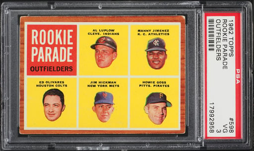 1962 Topps Parade Luplow Kimenez Goss Hickman Olivares ROOKIE, OUTLANDERS #598 PSA 3 VG