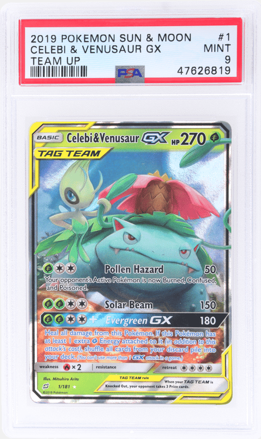 2019 Pokemon Sun and Moon Team Up Celebi/Venusaur Gx #1 PSA 9