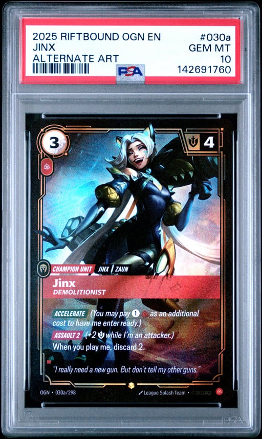 2025 RIFTBOUND: LEAGUE OF LEGENDS OGN-ORIGINS 030a JINX - DEMOLITIONIST ALTERNATE ART PSA 10