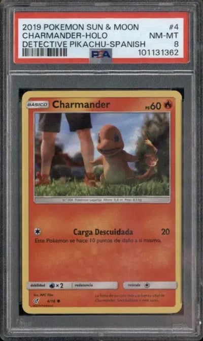 2019 Pokemon Sun & Moon Detective Pikachu Spanish #4/18 Charmander Holo PSA 8