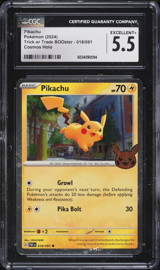 2024 Pokemon Scarlet & Violet Paldean Fates Trick Or Trade Holo Pikachu #18 CGC 5.5 EX+
