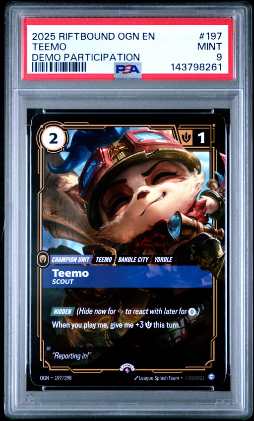 2025 RIFTBOUND: LEAGUE OF LEGENDS OGN-ORIGINS 197 TEEMO - SCOUT DEMO PARTICIPATION PSA 9