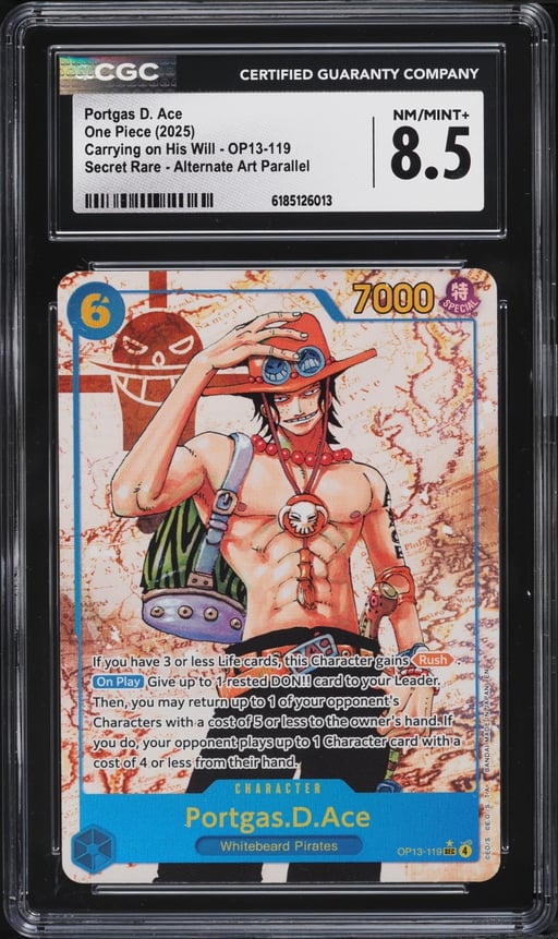 2025 One Piece Carrying On His Will SEC Alt Art Portgas D. Ace #OP13-119 CGC 8.5 NM-MT+