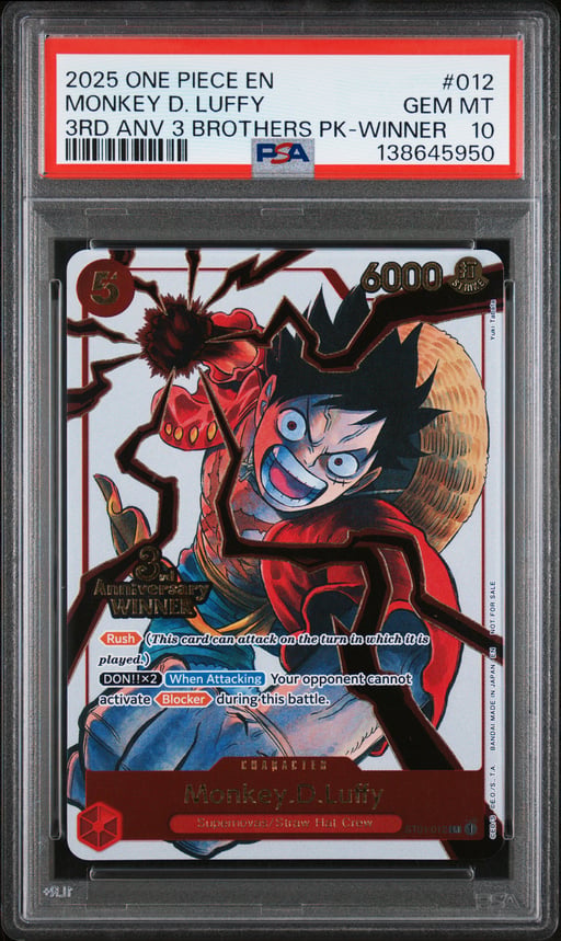 2025 ONE PIECE 3RD ANNIVERSARY TOURNAMENT 3 BROTHERS PACK 012 MONKEY D. LUFFY WINNER PSA 10