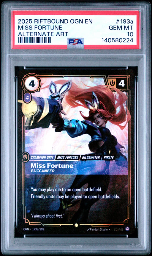 2025 RIFTBOUND: LEAGUE OF LEGENDS OGN-ORIGINS 193a MISS FORTUNE - BUCCANEER ALTERNATE ART PSA 10