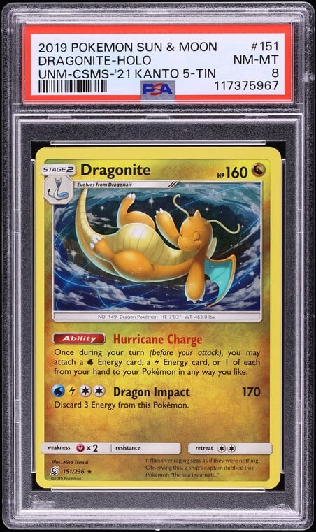2019 Pokemon Sun & Moon Unified Minds Cosmos Holo Dragonite #151 PSA 8 NM-MT