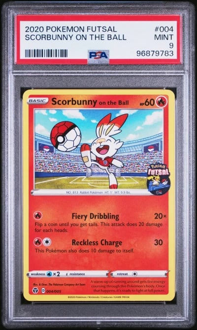 2020 POKEMON FUTSAL #004 SCORBUNNY ON THE BALL PSA 9