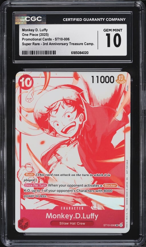 2025 One Piece Promo 3rd Anniversary Treasure Campaign SR Monkey D. Luffy #ST10-006 CGC 10 GEM