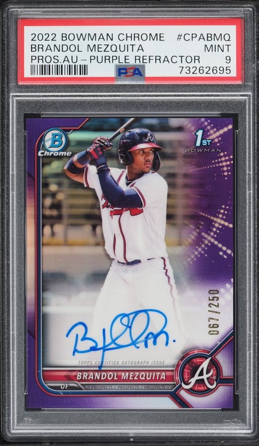 2022 Bowman Chrome Purple Refractor Brandol Mezquita PROSPECT AUTO /250 #CPA-BMQ PSA 9 MINT