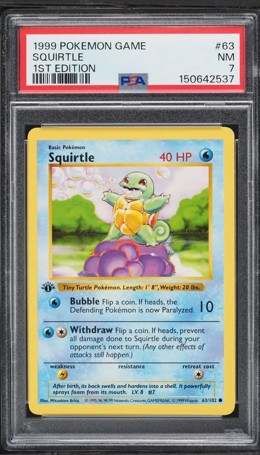 1999 Pokemon Base Set Shadowless 1st Edition Squirtle #63 PSA 7 NRMT