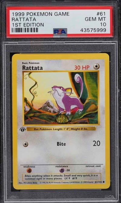 1999 Pokemon Base Set Shadowless 1st Edition Rattata #61 PSA 10 GEM MINT