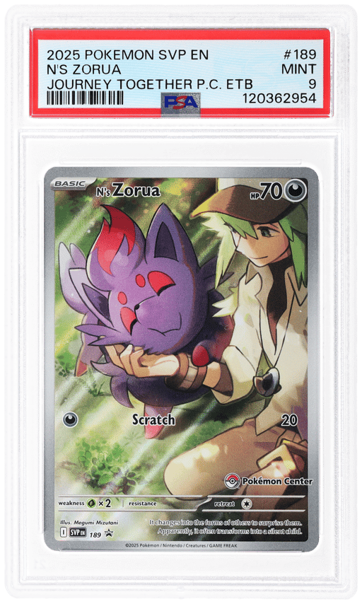 2025 Pokemon Scarlet and Violet Black Star Promo Journey Together Pokemon Center Elite Trainer Box N's Zorua #189 PSA 9