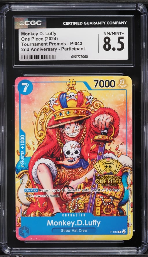 2024 One Piece Promo 2nd Anniversary Participant Alt Art Monkey D. Luffy #P-043 CGC 8.5 NM-MT+