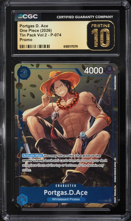 2026 One Piece Promo Tin Pack Vol. 2 Portgas D. Ace #P-074 CGC 10 PRISTINE