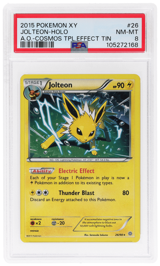 2015 Pokemon XY Ancient Origins Cosmos Holo Triple Effect Tin Jolteon #26 PSA 8