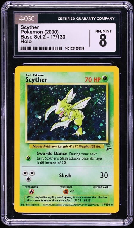 2000 Pokemon Base Set 2 Holo Scyther #17 CGC 8 NM-MT