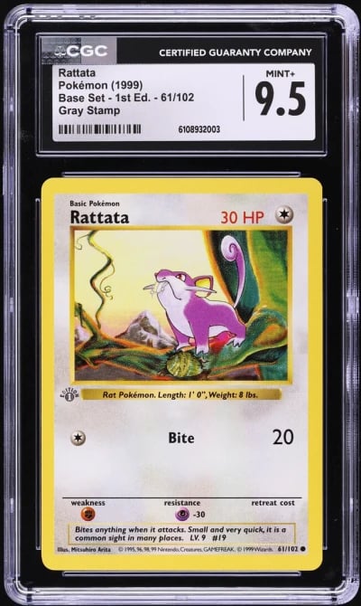 1999 Pokemon Base Set Shadowless 1st Edition Gray Stamp Rattata #61 CGC 9.5 MINT+