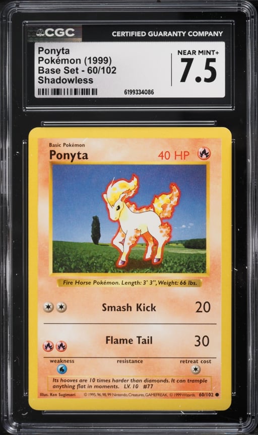 1999 Pokemon Base Set Shadowless Ponyta #60 CGC 7.5 NRMT+