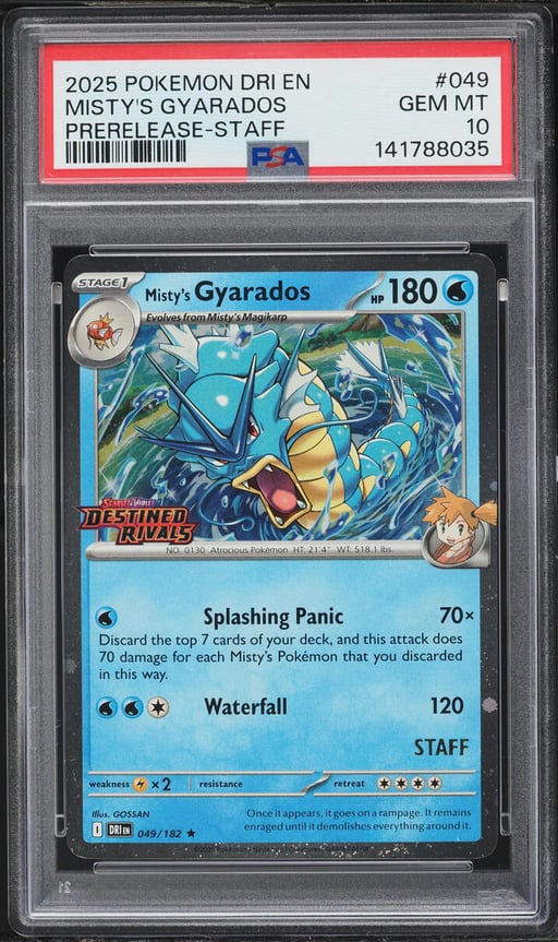 2025 Pokemon SV Destined Rivals Prerelease Staff Misty's Gyarados #49 PSA 10 GEM MINT