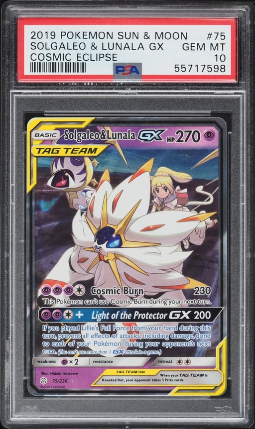 2019 Pokemon Sun & Moon Cosmic Eclipse Holo Solgaleo & Lunala GX #75 PSA 10 GEM MINT