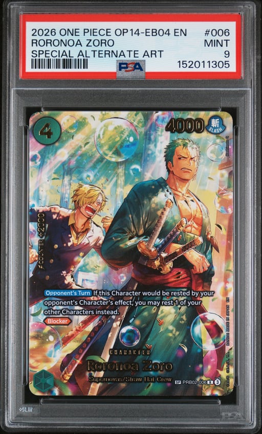 2026 ONE PIECE OP14-EB04-THE AZURE SEA'S SEVEN 006 RORONOA ZORO SPECIAL ALTERNATE ART PSA 9