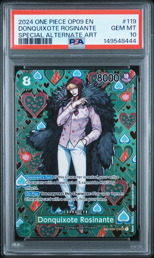 2024 ONE PIECE OP09-EMPERORS IN THE NEW WORLD 119 DONQUIXOTE ROSINANTE SPECIAL ALTERNATE ART PSA 10