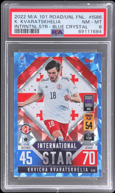 2022 Topps Match Attax 101 the Road To UEFA Nations League Finals International Star Blue Crystal Khvicha Kvaratskhelia #IS86 PSA 8