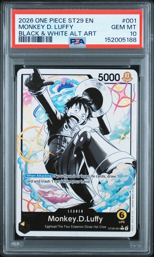 2026 ONE PIECE STARTER DECK ST29-EGGHEAD 001 MONKEY D. LUFFY BLACK & WHITE ALTERNATE ART PSA 10