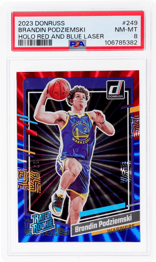2023 Panini Donruss Holo Red and Blue Laser Brandin Podziemski #249 12/15 PSA 8
