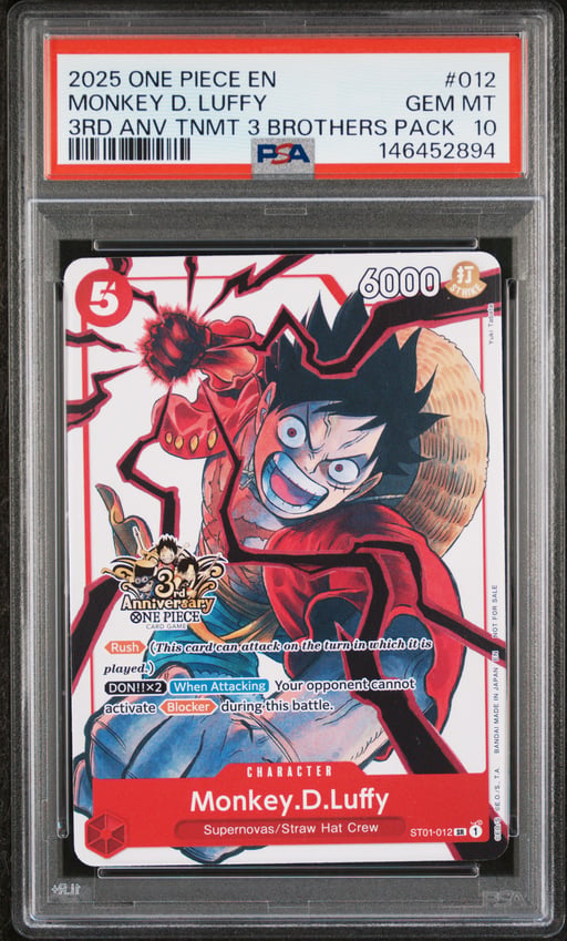 2025 ONE PIECE 3RD ANNIVERSARY TOURNAMENT 3 BROTHERS PACK 012 MONKEY D. LUFFY PSA 10