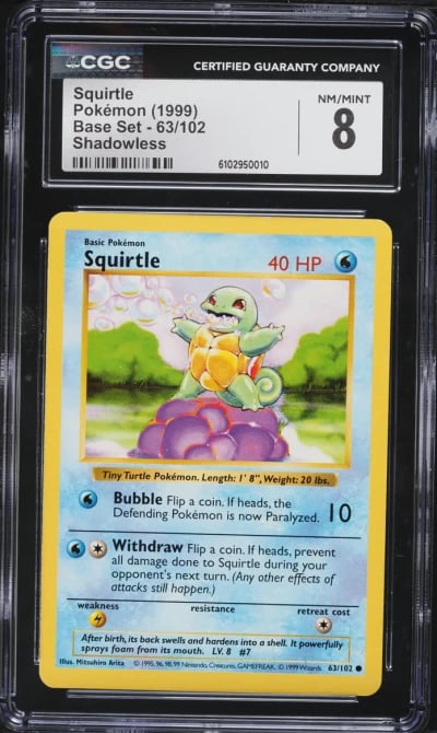 1999 Pokemon Base Set Shadowless Squirtle #63 CGC 8 NM-MT