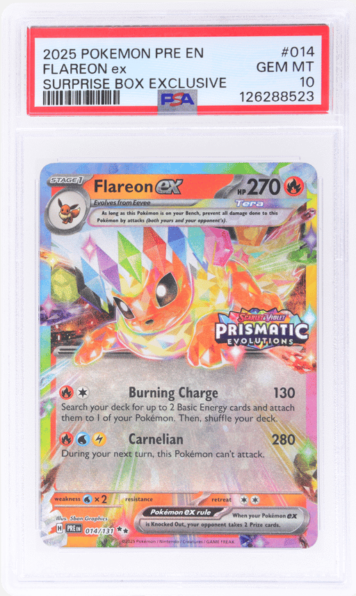2025 Pokemon Scarlet and Violet Prismatic Evolutions Surprise Box Exclusive Flareon Ex #14 PSA 10