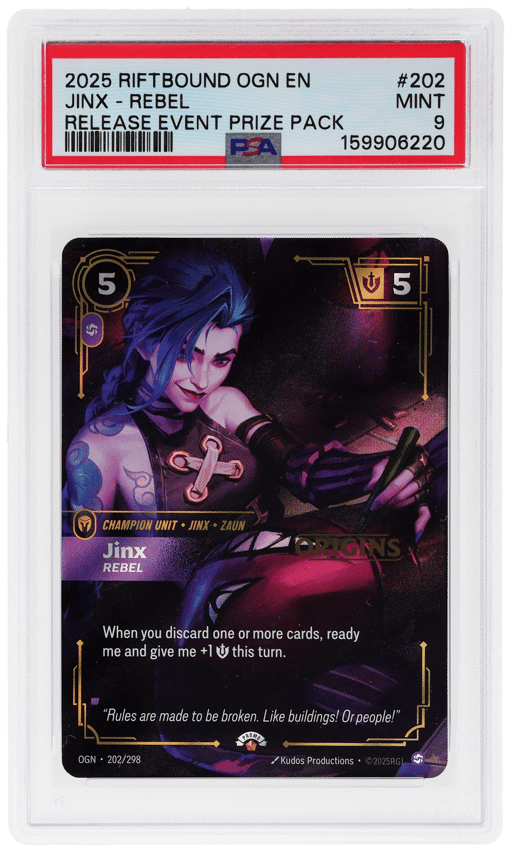 2025 Riftbound League of Legends Origins Release Event Prize Pack Jinx #202 PSA 9