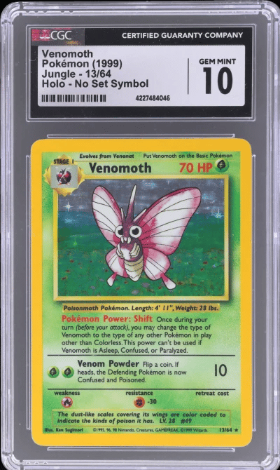 1999 Pokemon Jungle Holo No Symbol Error Venomoth #13B CGC 10
