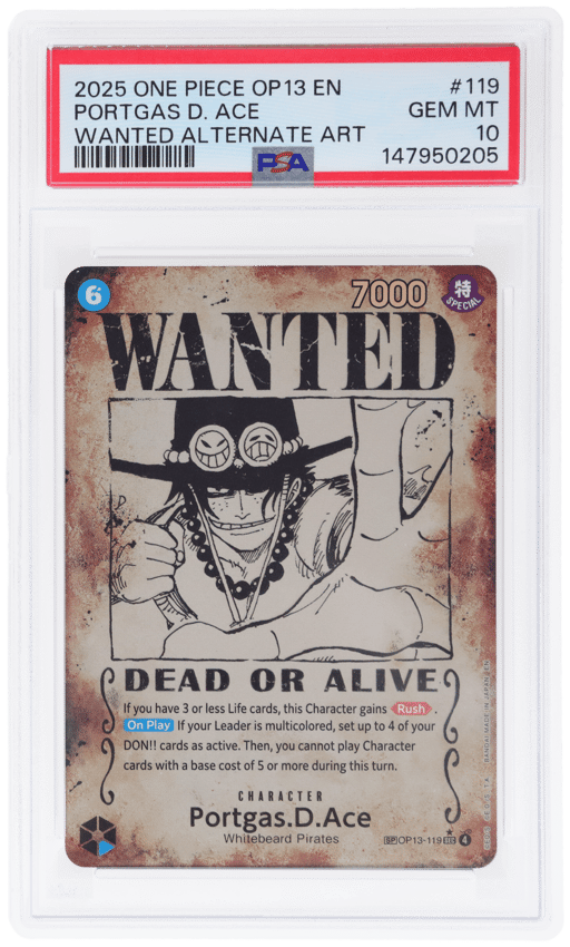 2025 One Piece Carrying On His Will Wanted Alternate Art Portgas D. Ace #OP13-119 PSA 10