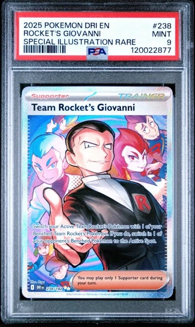 2025 POKEMON DRI EN-DESTINED RIVALS SIR #238 TEAM ROCKET'S GIOVANNI PSA 9