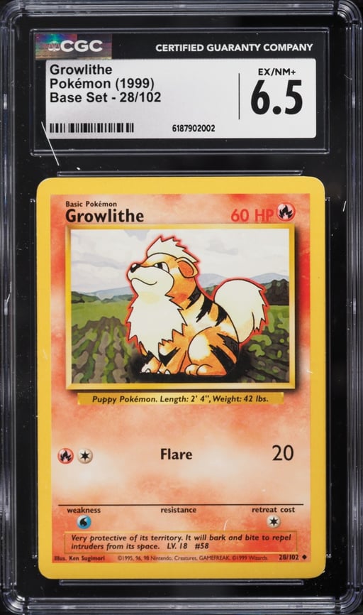 1999 Pokemon Base Set Growlithe #28 CGC 6.5 EXMT+