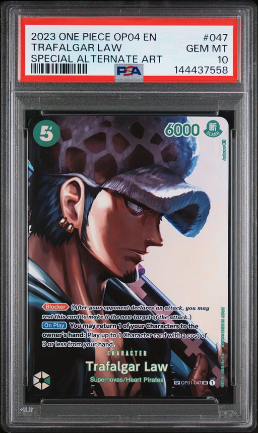 2023 ONE PIECE OP04-KINGDOMS OF INTRIGUE 047 TRAFALGAR LAW SPECIAL ALTERNATE ART PSA 10