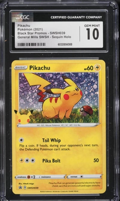 2020 Pokemon SWSH Black Star Promo General Mills Sequin Holo Pikachu #39 CGC 10