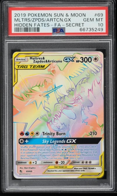 2019 Pokemon SM Hidden Fates Hyper Rare Moltres Zapdos Articuno GX #69 PSA 10