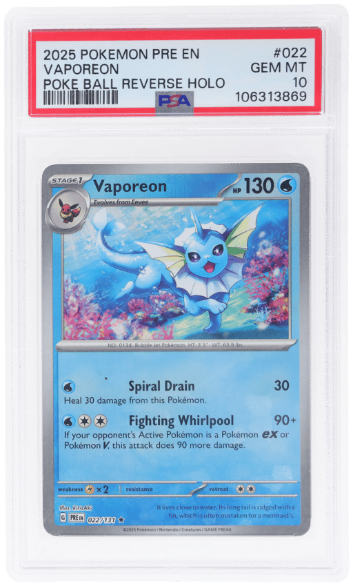 2025 Pokemon Prismatic Evolutions Poke Ball Reverse Holo Vaporeon #22 PSA 10