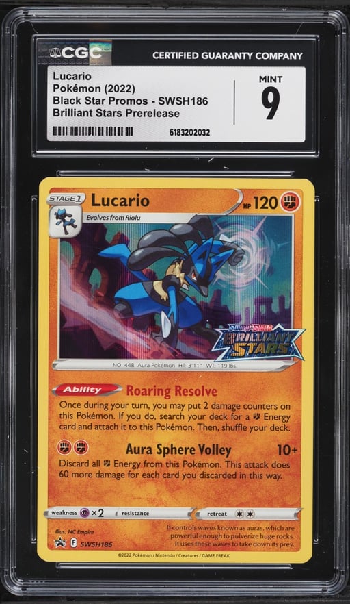 2022 Pokemon Sword & Shield Promo Brilliant Stars Prerelease Holo Lucario #SWSH186 CGC 9 MINT
