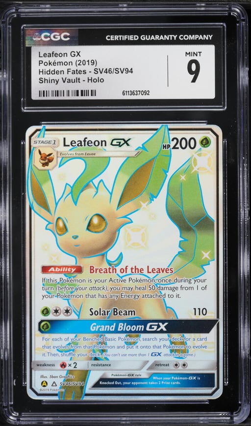 2019 Pokemon Sun & Moon Hidden Fates Vault Full Art Shiny Leafeon GX #SV46 CGC 9 MINT