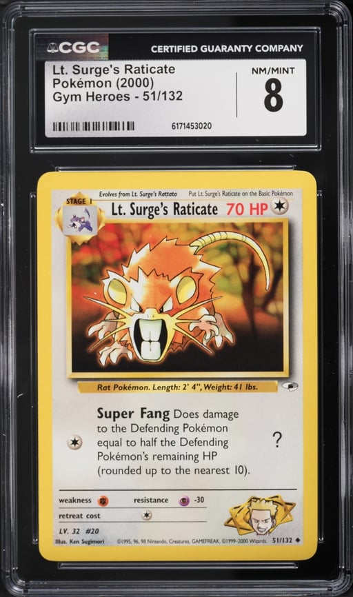 2000 Pokemon Gym Heroes Lt Surge's Raticate #51 CGC 8 NM-MT
